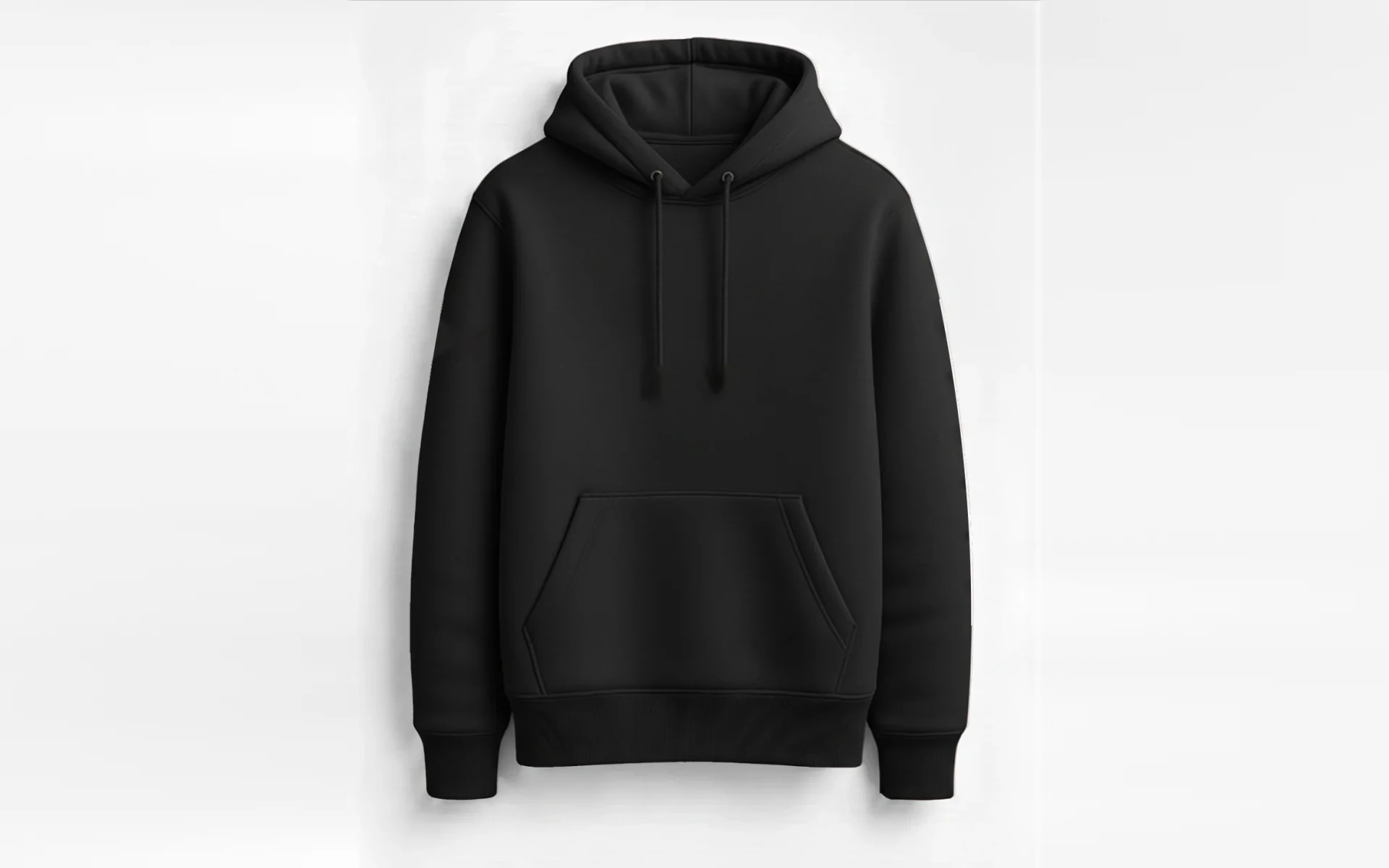Blank black pullover hoodie, front view, with drawstring hood, kangaroo pocket and ribbed cuffs and hem, no print or logo