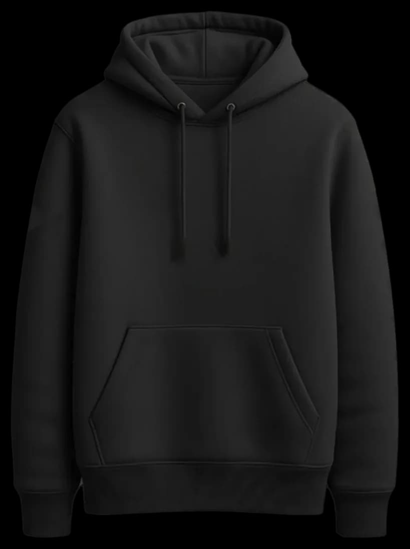 Blank black pullover hoodie, front view, with drawstring hood, kangaroo pocket and ribbed cuffs and hem, no print or logo