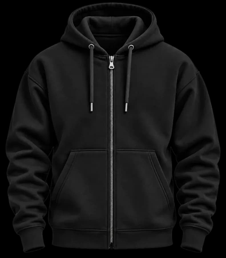 Blank black full-zip hoodie, front view, with drawstring hood, metal zip, split front pockets and ribbed cuffs and hem, no logo