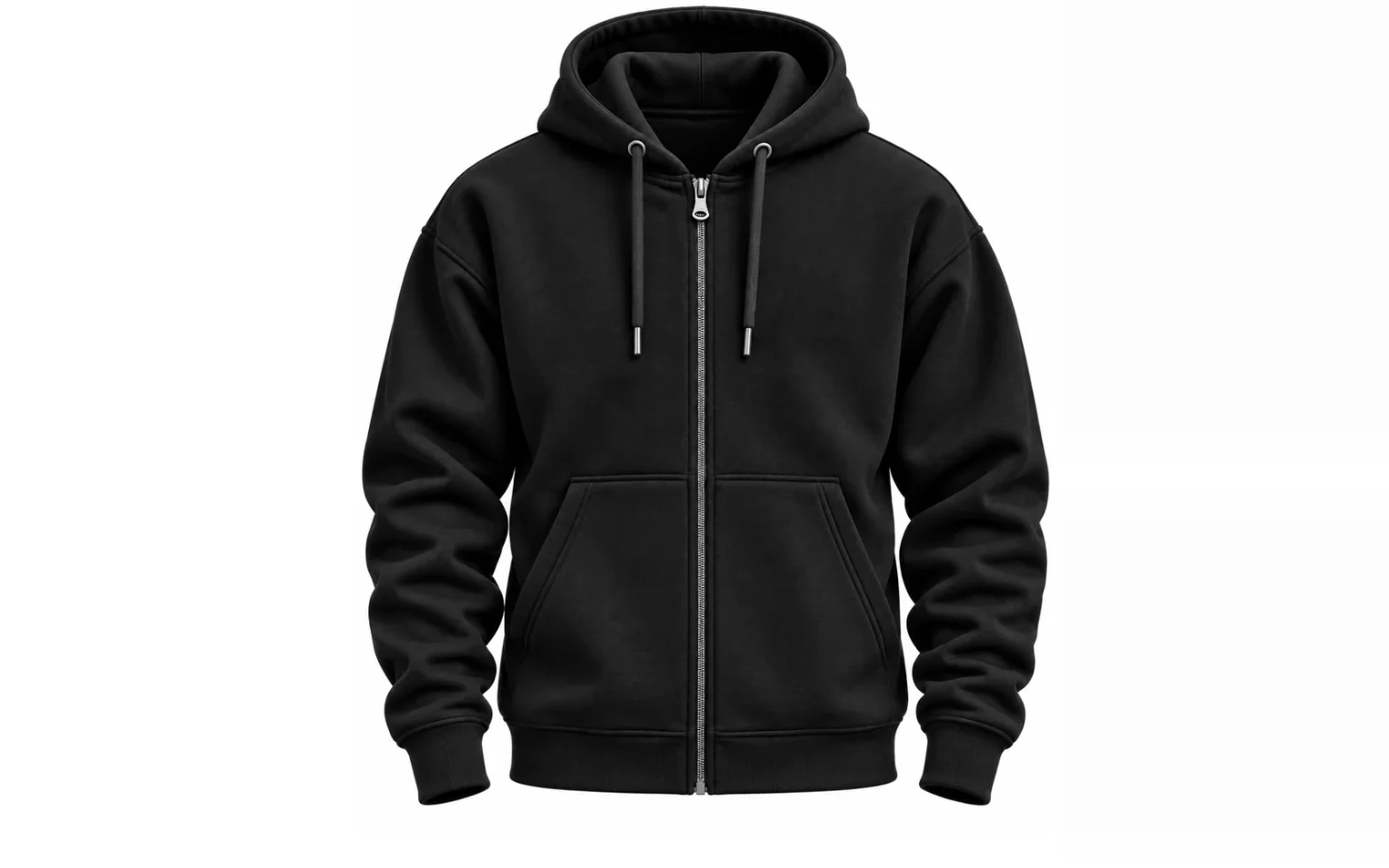 Blank black full-zip hoodie, front view, with drawstring hood, metal zip, split front pockets and ribbed cuffs and hem, no logo